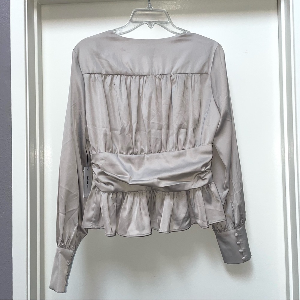 Jason Wu Satin Peplum Blouse M NWT | Puff Sleeve | Champagne Taupe Top Medium - Picture 3 of 9